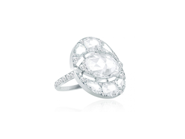 Phillips Hong Kong 2019. The 18-karat white gold ring centres on a 3.08 carat oval rose-cut diamond, and 3.10 carats of rose-cut and brilliant-cut diamonds. Sold for HK$ 225,000.