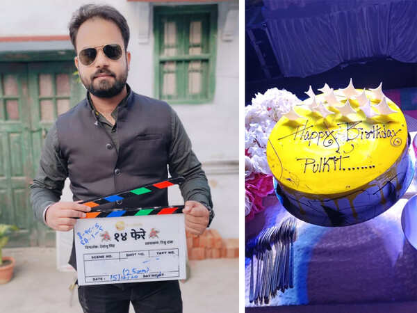 (L) Pankaj Chauhan the casting director on sets of the film in Lucknow (R) A cake for Pulkit Samrat as he celebrated his birthday on Dec 29 (BCCL)
