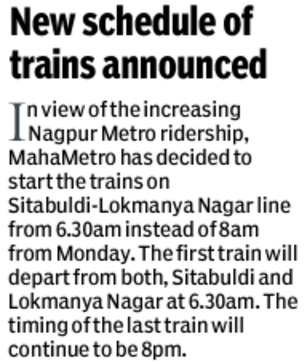 MahaMetro new train schedule 21-02-2021