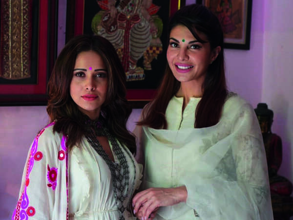 Nushrat Bharucha and Jacqueline Fernandez at the residence of Bimlendra Mohan Prasad Mishra