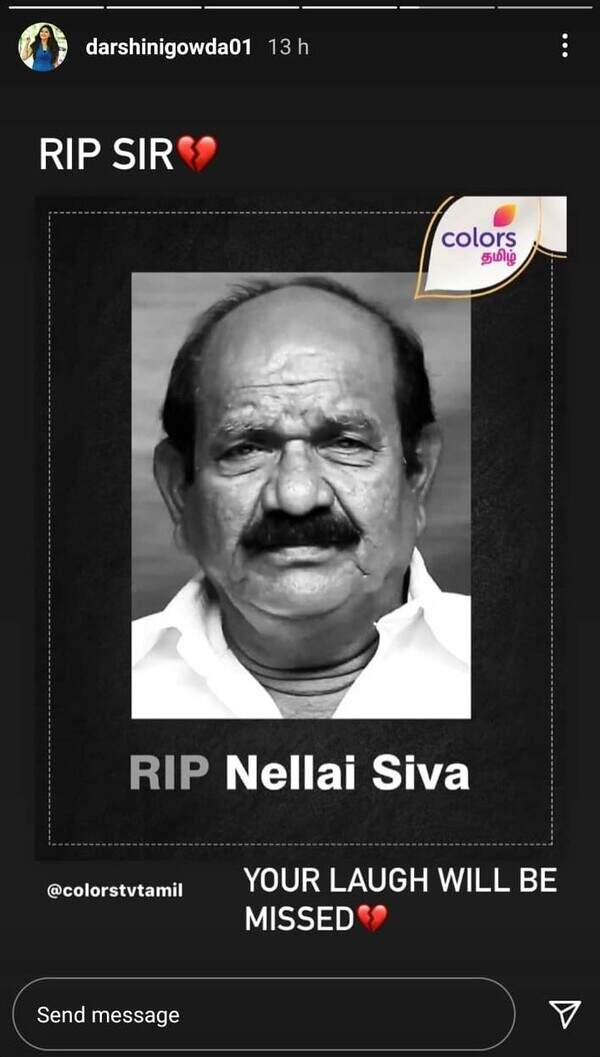 Darshini Gowda of Sillunu Oru Kaadhal mourns Nellai Siva's demise