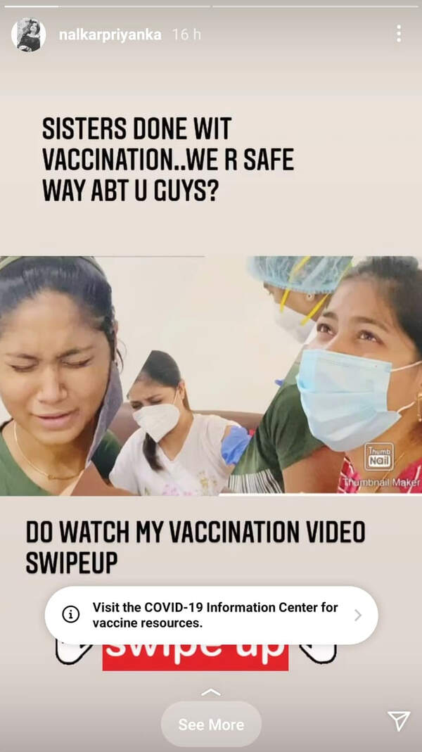 Roja fame actress Priyanka Nalkari takes her first jab of COVID-19 vaccine