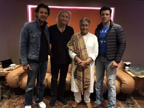 Ustad Amjad Ali Khan with Joe Walsh and Amaana and Ayaan Ali Bangash.