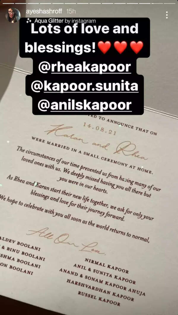 rhea kapoor-karan boolani wedding card