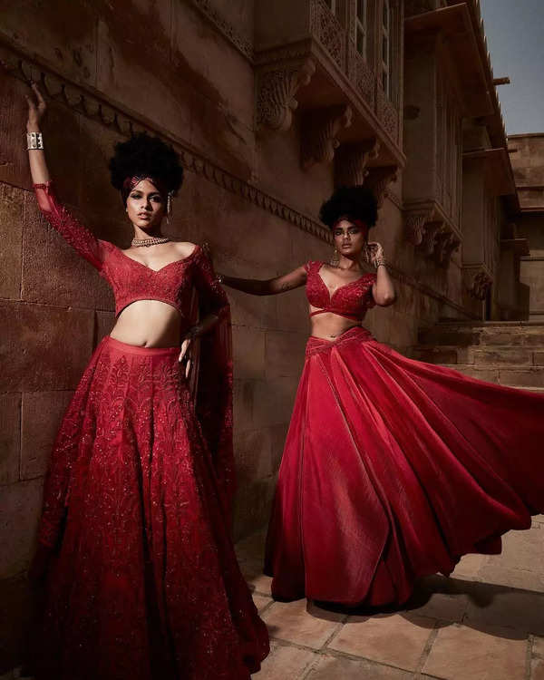Red lehenga with leatherite patch by Shantanu and Nikhil