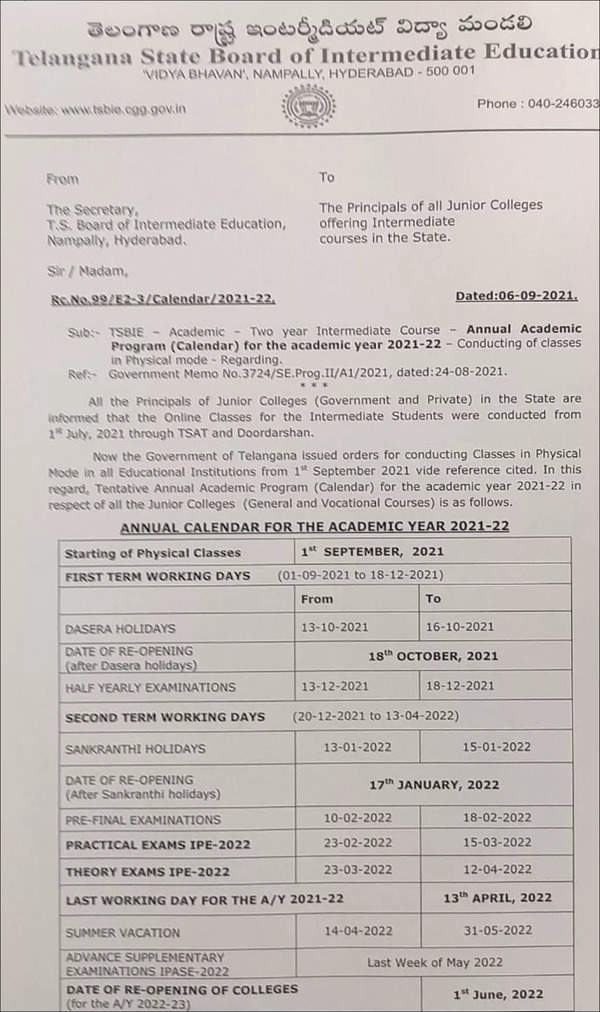 Telangana school calendar for 202122 released, Dasara vacation from