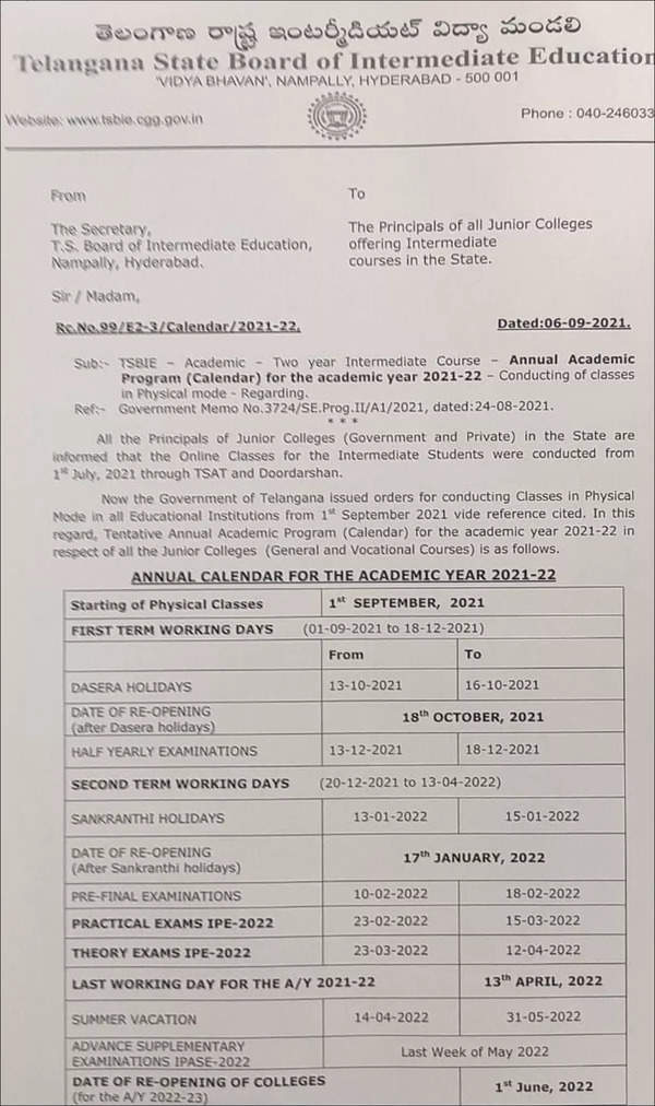 Telangana School Calendar For 2021 22 Released Dasara Vacation From 