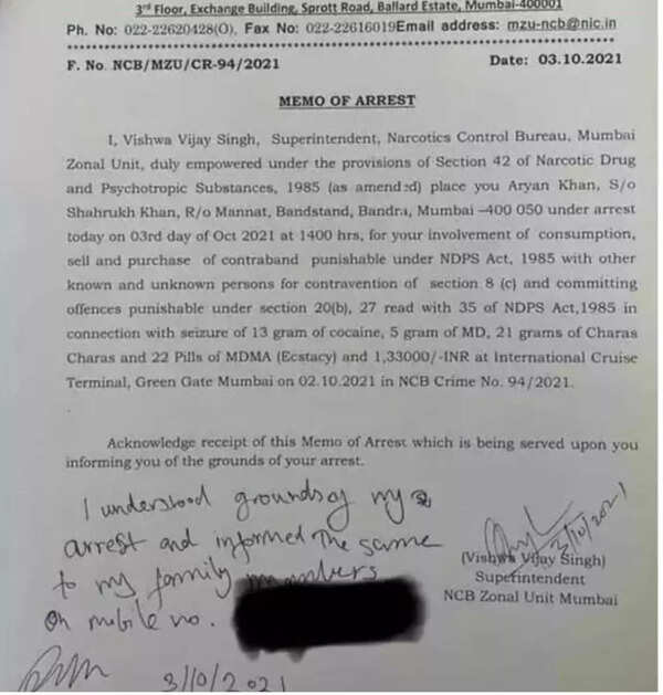 Aryan Khan arrest memo