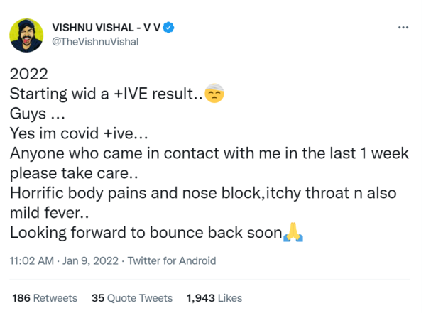 Vishnu Vishal's tweet