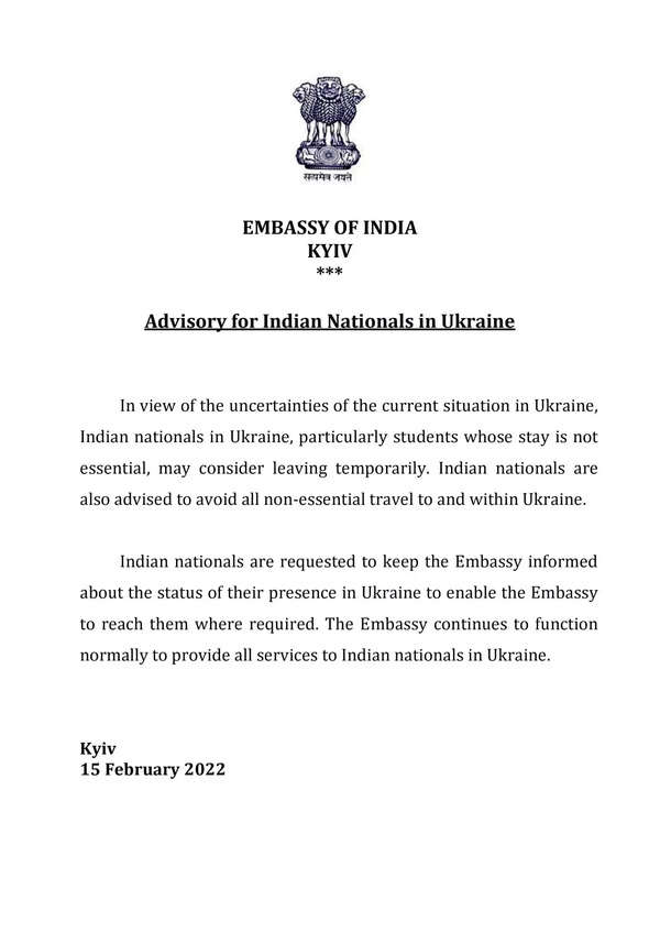 indian embassy: Students in confusion, some plan to leave Ukraine as embassy  issues advisory on leaving | India News - Times of India