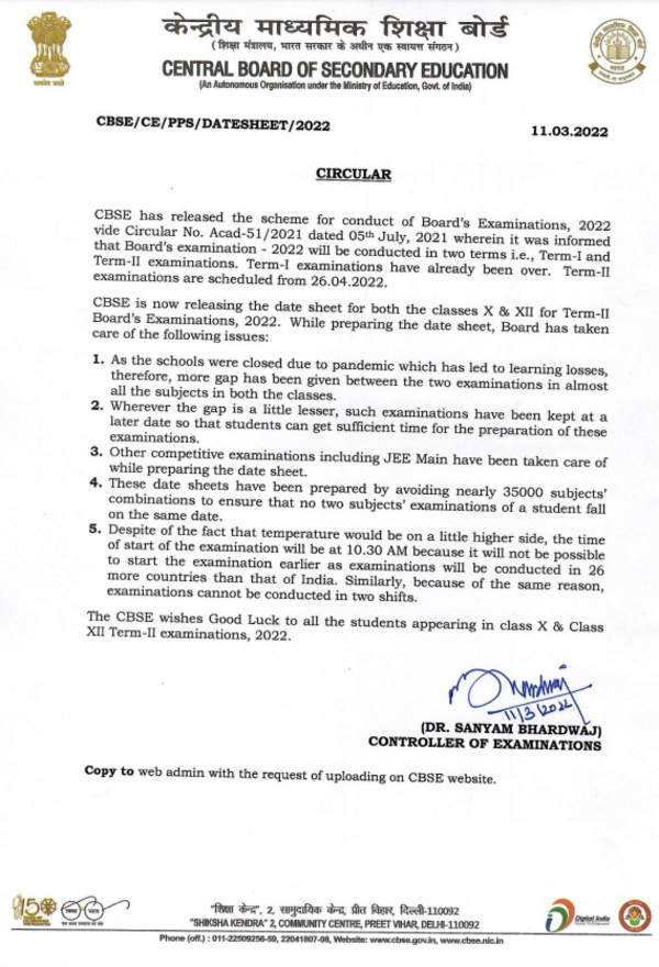 CBSE Date Sheet 2022: CBSE Term 2 Date Sheet 2022 for class 10 and 12th ...