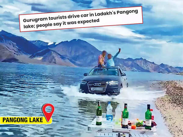Gurugram tourists drive car in Pangong lake