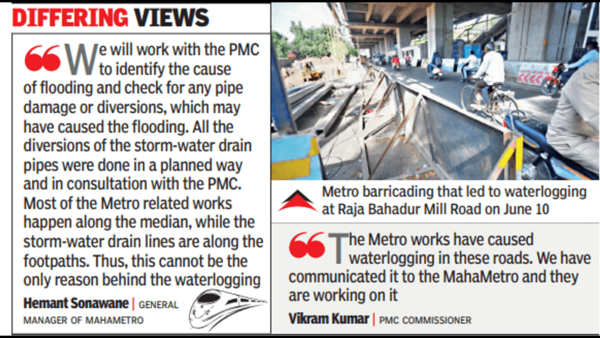 Pmc Blames Metro Works, Barricades For Waterlogging | Pune News – Times of India