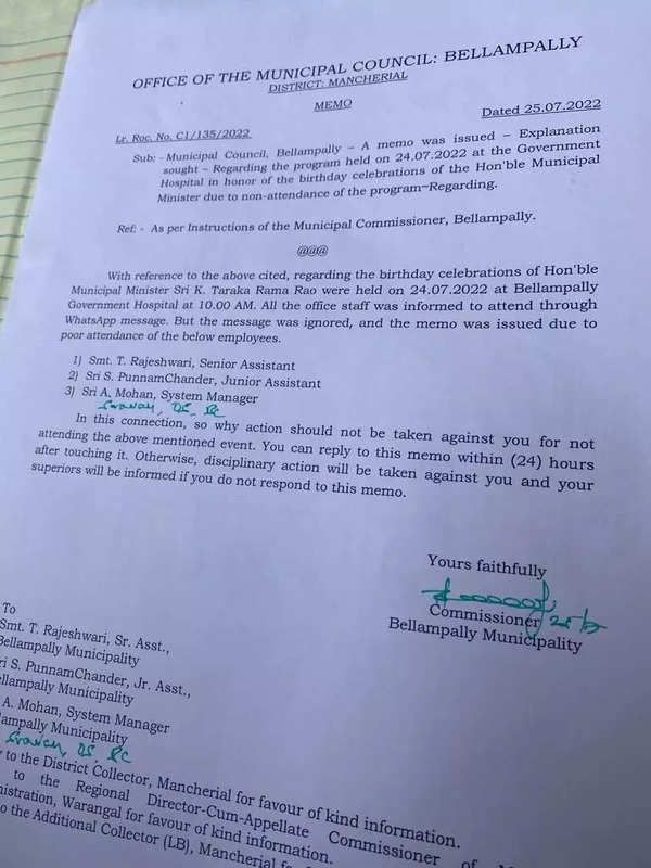 telangana-bellampally-municipal-staffers-get-memo-for-not-attending-kt