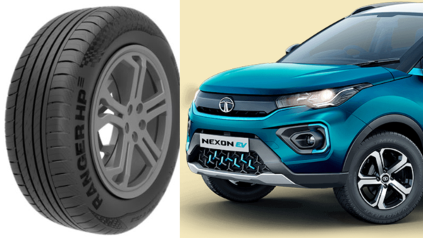 Left - JK Tyre Ranger HP EV tyre | Right - Nexon EV representational image