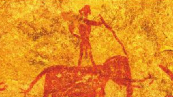Rock art near pahargarh showing a man riding an elephant