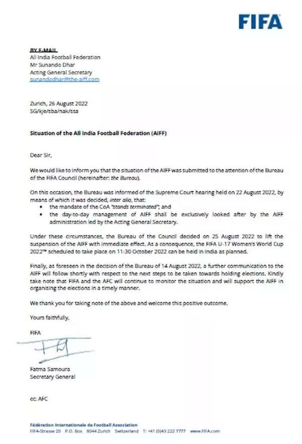 फीफा ने भारतीय फुटबॉल महासंघ का निलंबन हटाया।