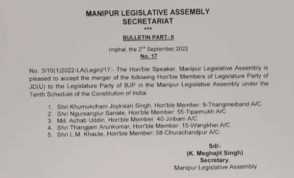 In a jolt to Nitish Kumar’s national ambition, 5 of 6 JD(U) MLAs in Manipur join ruling BJP | India News