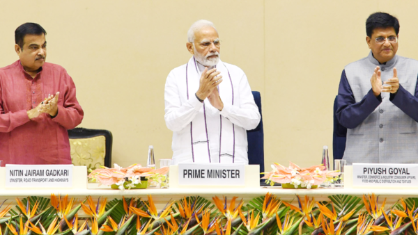 (LR) Nitin Gadkari, Minister of Road Transport and Highways - Narendra Modi, Prime Minister of India - Piyush Goyal, Minister of Commerce and Industry at the launch of the National Logistics Policy