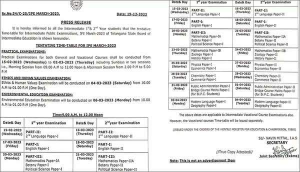 TS Inter 1st year Exam Time Table 2023