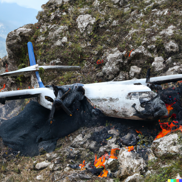 DALL·E 2023-01-16 23.19.09 - Yeti Airlines ATR 72 plummeted into a steep gorge, smashed into pieces and burst into flames