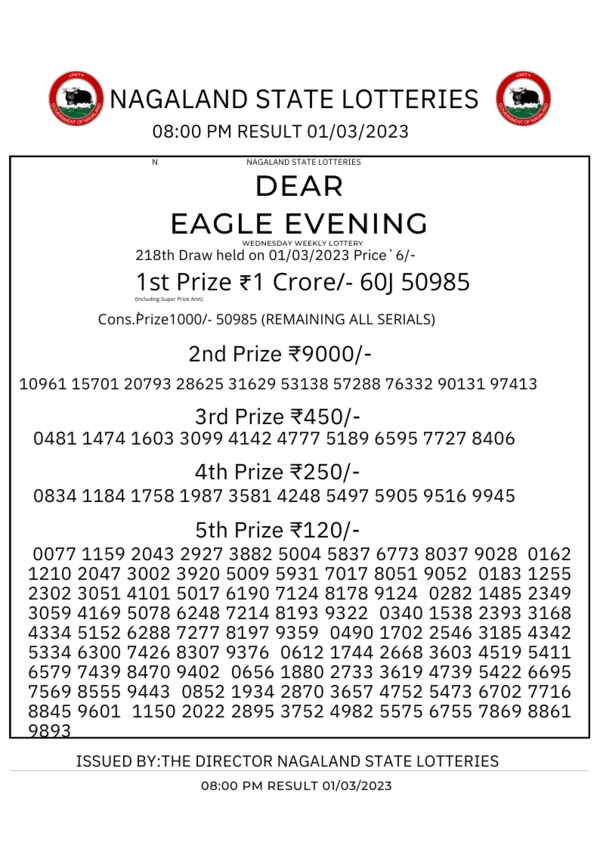 Nagaland Lottery results: Winning numbers of Dear Eagle Evening results