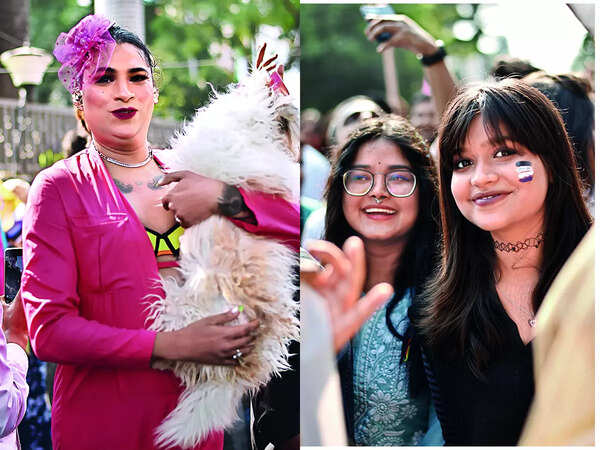 (L) Abhya with pet Jerry, who was the centre of attraction at the Pride parade (R) Adishi Pandey and Jahnvi Singh