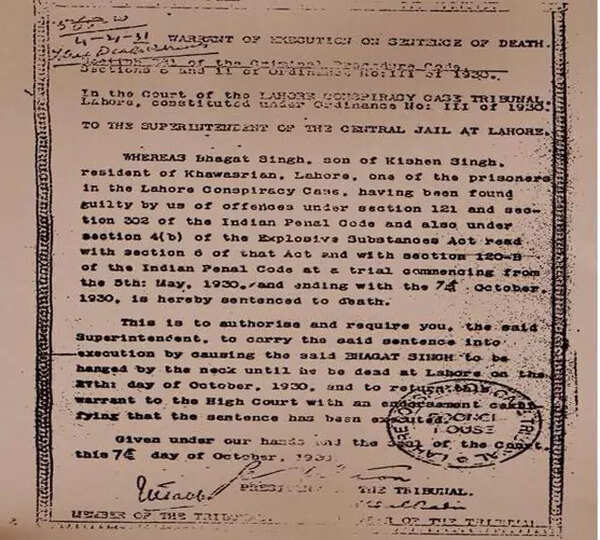 Bhagat Singh death warrant