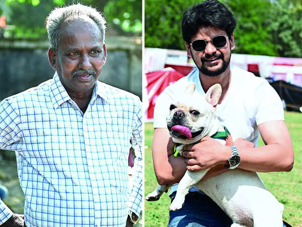 (L) Iqbal (R) Shantanu Pandey poses with Mani- a French Bulldog