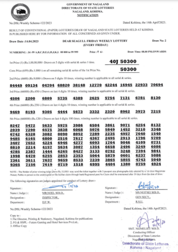 Nagaland Lottery results Winning numbers of Dear Seagull Evening