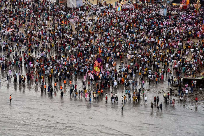 Aerial view of Ganesh immersion procession at Girgaon Chowpatty. (Captured from Coast Guard chopper)