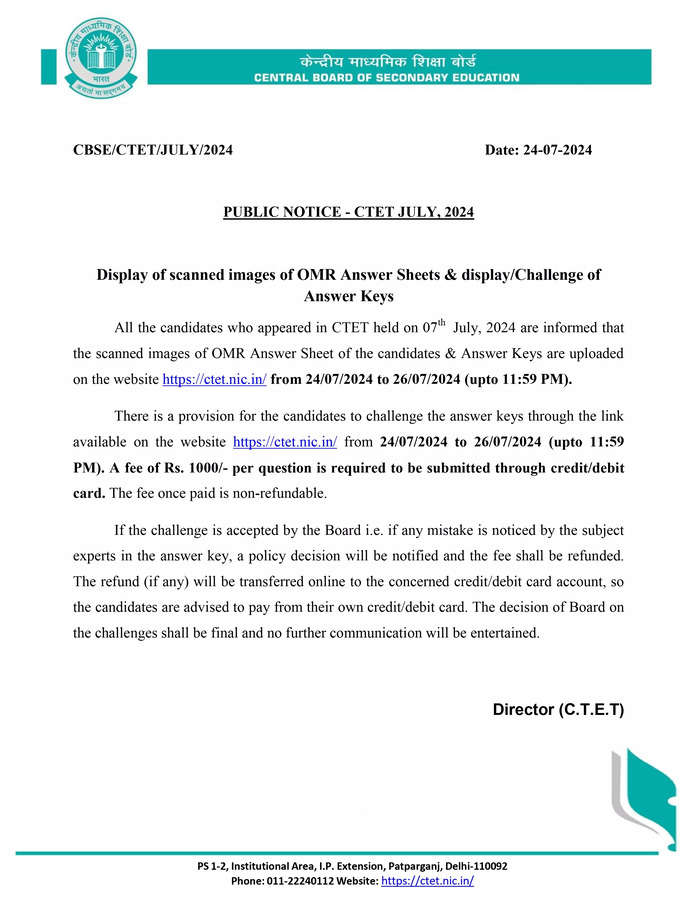 CTET Result, Answer Key 2024 Highlights: Answer Key Challenge Till July ...