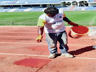 Stadia go BBMP way in filling up potholes on synthetic track