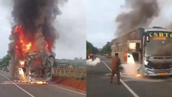 Driver’s quick reflexes save 17 lives as moving bus goes up in flames in Karnataka