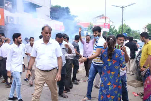 Celebration outside Bhupendra Patel's office in Ghatlodia area of Ahmedabad.