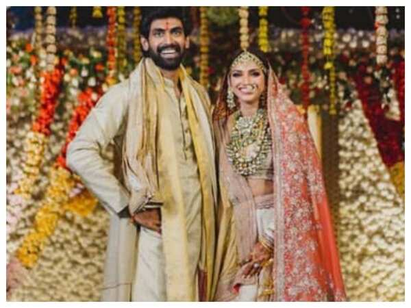 Rana Daggubati and Miheeka Bajaj colour coordinate in cream and gold for wedding