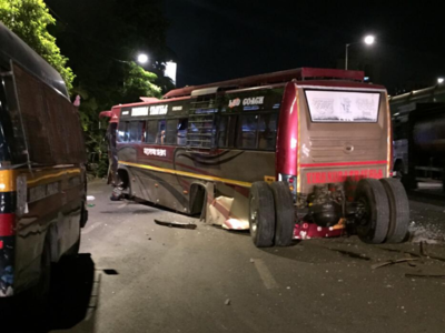 Bus illegally carrying 20 Airoli residents meets with accident on Eastern Express Highway; all safe