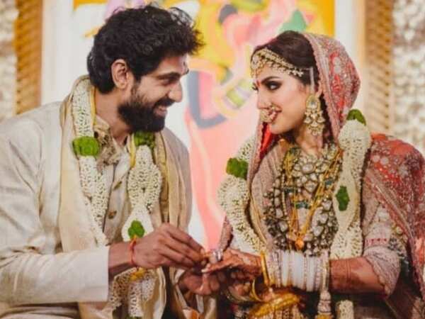 Rana Daggubati and Miheeka Bajaj colour coordinate in cream and gold for wedding