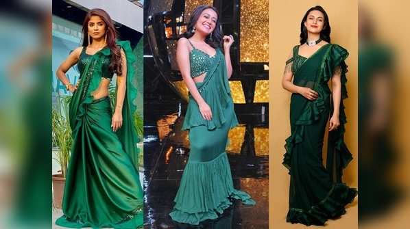 Neha Kakkar, Divyanka Tripathi and Sayantani Ghosh wear similar green saree