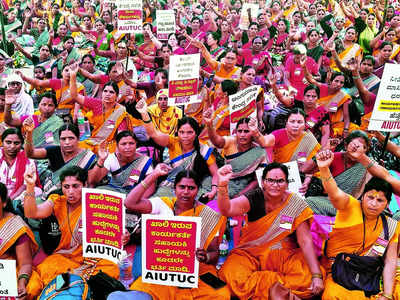 Anganwadi workers protest for wage hike, job recognition