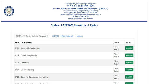 DRDO CEPTAM 11 Result 2026 declared for STA-B and Technician A posts at drdo.gov.in: Direct link
