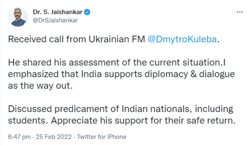 EAM Dr S Jaishankar speaks to Ukrainian FM Dmytro Kuleba