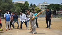 Congress candidate from Mumbai North constituency Urmila Matondkar plays cricket with youngsters 