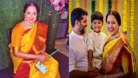 Sameera Reddy celebrates her baby shower, looks gorgeous in traditional yellow sari 