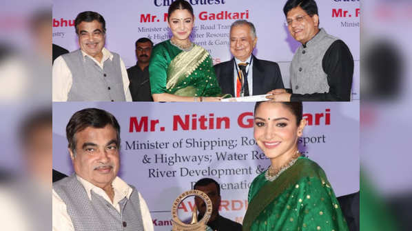 Anushka Sharma presented Smita Patil Memorial Award by Union Ministers Nitin Gadkari and Piyush Goyal