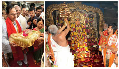 Telangana chief minister K Chandrasekhara Rao offers Rs 3.75-crore crown to goddess