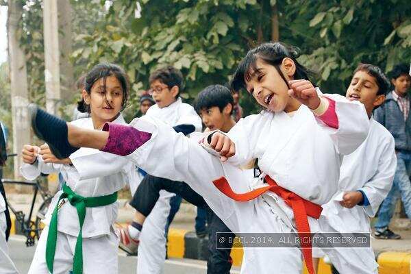 Cycling and karate during Raahgiri Day at  Gurgaon