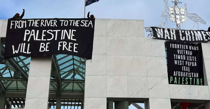 Pro Palestine protesters climbed the roof of Australia's Parliament House in Canberra and unfurled banners.