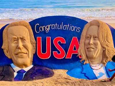 Sand artist Sudarsan Pattnaik creates 25-feet long sculpture to congratulate Joe Biden, Kamala Harris