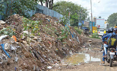 Gargabe heap takes over pavement in Vivek Nagar